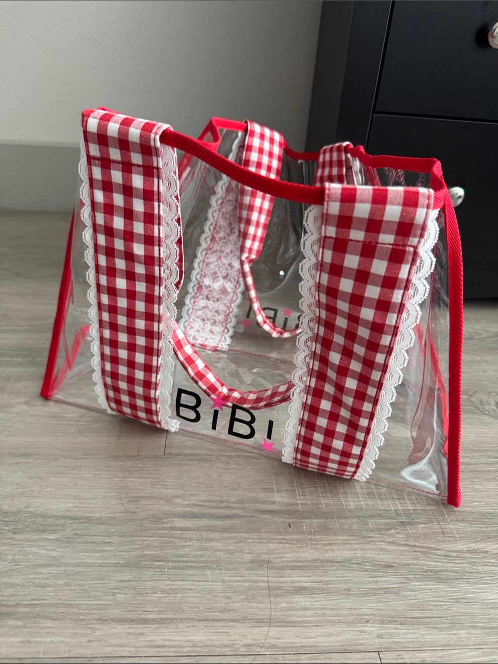 NWOT BIBI Clear Red & White Gingham Large Tote Bag